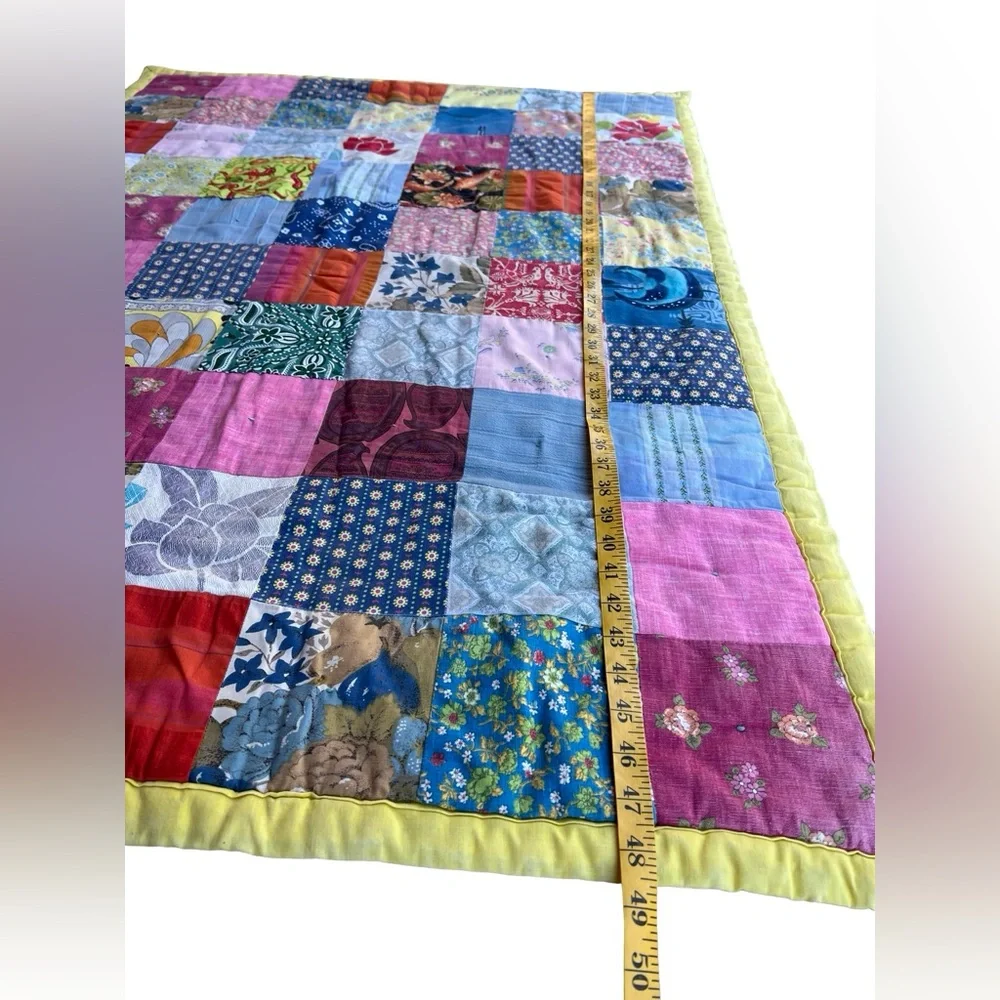 VTG 48.5x36” Folk Patchwork Boho Quilt Colorful Retro Grandma Handmade OOAK